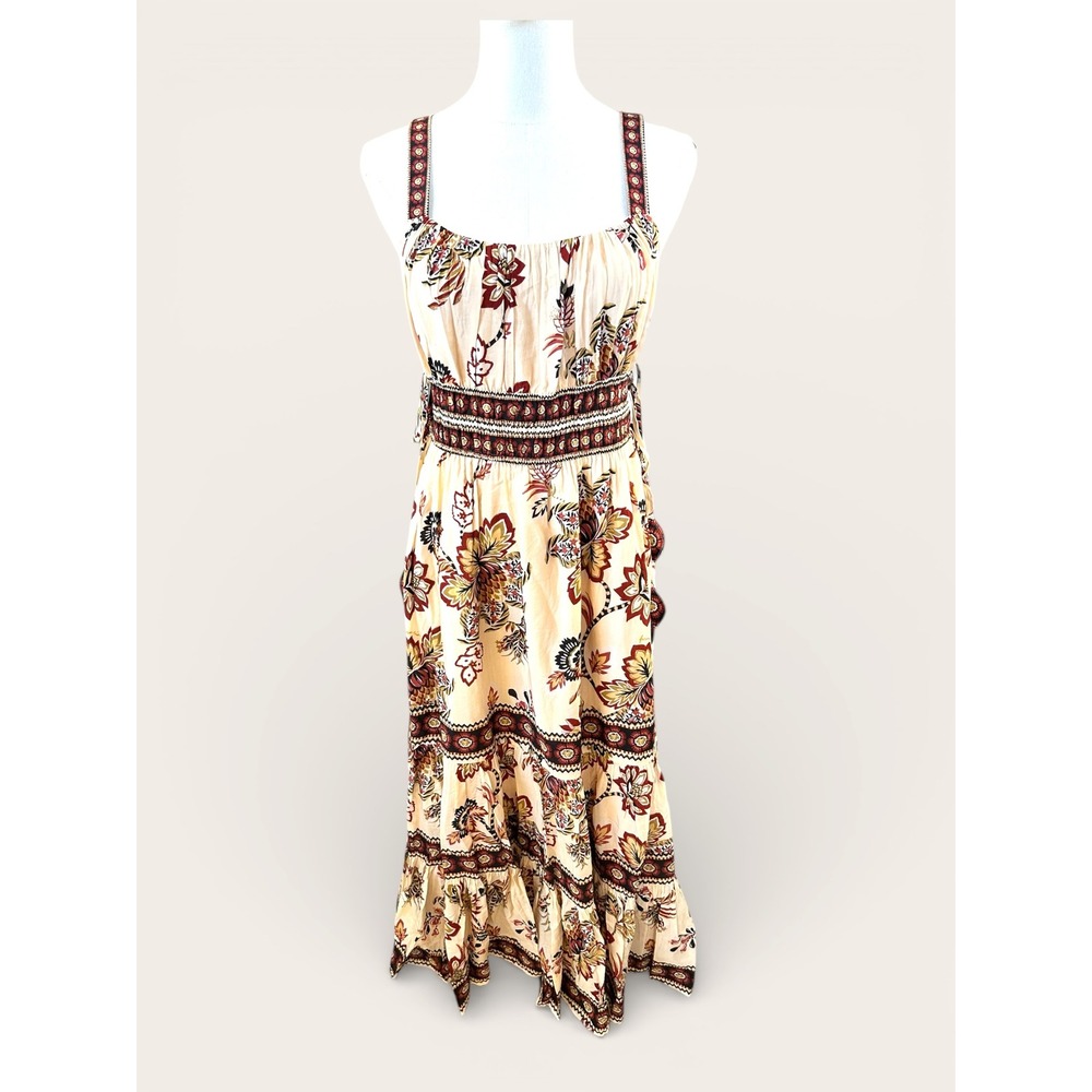 Farm Rio NWT SZMED Aura Floral Sand Maxi Dress Floral Cream Tier Spaghetti Strap - Picture 5 of 16